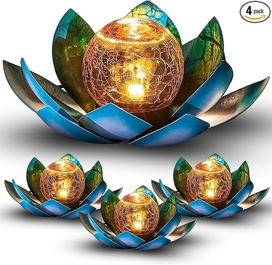 VIHOSE 4 Pcs Lotus Solar Light Outdoor LED Waterproof Art Globe Glass Decoration Outdoor Table Decor Garden Gifts Decorative Crackle Globe Glass Metal Lotus Flower for Patio Lawn (Blue)