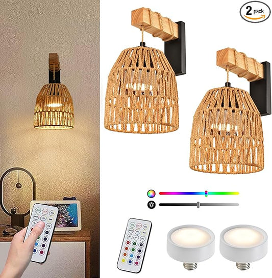 Boho Battery Operated Wall Sconce Set of Two, Rattan Rechargeable Wall Sconces with Remote,Wireless Sconces Set of 2 for Bedroom,Living Room,Entryway 15 Colors Dimmable-Matte Black