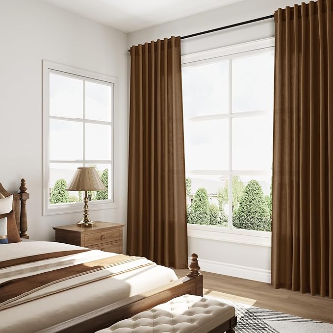 Nanspring Tobacco Brown Linen Curtains 63 Inches Long 2 Panels for Living Room Back Tab Pocket Light Filtering Translucent Modern Farmhouse Cotton Linen Curtain Texture 52X63 Inches