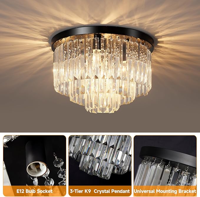 16" Black Crystal Chandelier Ceiling Light, Flush Mount 5-Lights 3-Tier K9 Crystal Round Chandelier Light for Dining Room Kitchen Island Living Room Bedroom