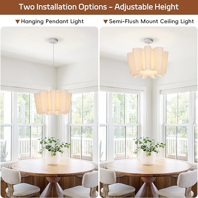 Littleglovo 15.7" Pendant Lights Kitchen Island, 1-Light Linen Petal Lampshade Dining Room Light Fixture Modern Chandeliers Hanging Pendant Lighting for Bedroom Nursery Living Room Foyer Entryway
