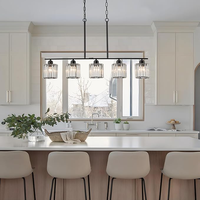 36" Black Chandeliers for Dining Room Light Fixtures over Table, 5-Light Black Linear Farmhouse Pendant Lights Kitchen Island Lighting, Modern Island Lights for Kitchen with Clear K9 Cystal Shades