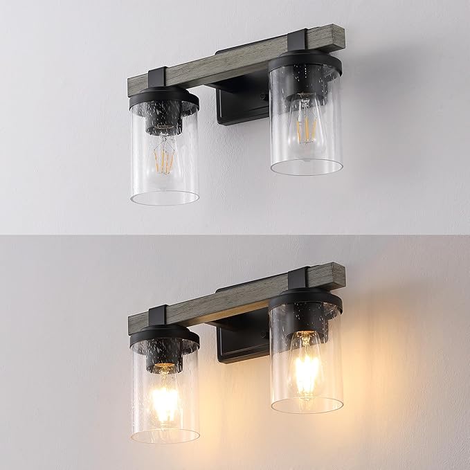 JONATHAN Y 15" Black/Gray Oak Wood Finish LED Vanity Light, Rustic Farmhouse Sconce, Clear Seeded Glass Shade, Industrial Wall Lamp for Bathroom Mirror, Kitchen Sink, LED Bulb (JYL7508B)