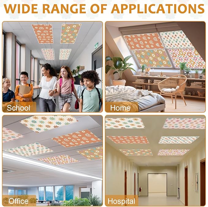 QOUBAI 6 Pcs Fluorescent Light Covers,4 x 2 Ft Magnetic Light Filters Boho Groovy Fluorescent Lights Shade Easy Install for Classroom Office Library Hospital Home Ceiling Hippie
