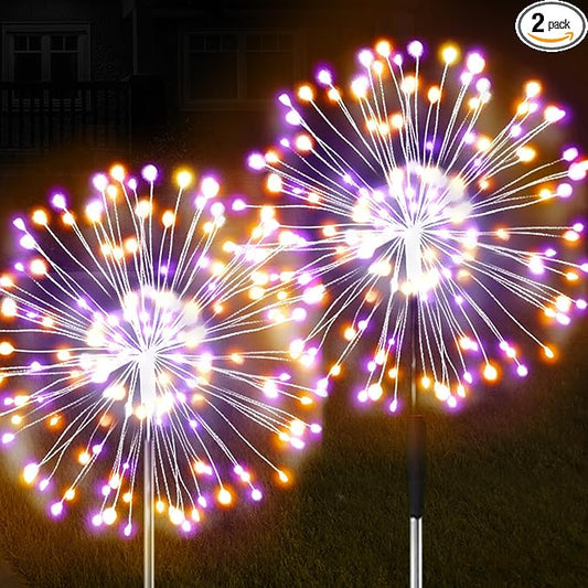 JJGoo Solar Firework Lights, 2 Pack 150 LEDs 2 Lighting Modes Solar Lights Outdoor Waterproof for Garden Patio Walkway Pathway Party Wedding Christmas Decorative - Orange and Purple