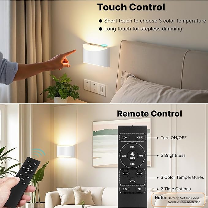 FOLKSMATE Battery Operated Wall Sconces Set of 2, White Rechargeable Remote & Touch Wall Lamps, 3 Color Temperatures, Dimmable Lamp for Bedroom, Living Room, Hallway