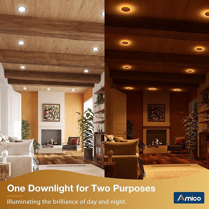 Amico 6 Pack Black 4 Inch 5CCT LED Recessed Ceiling Light with Night Light, 2700K/3000K/3500K/4000K/5000K Selectable Ultra-Thin Lighting, 10W=90W, 700LM, Dimmable Canless Wafer Downlight - ETL&FCC