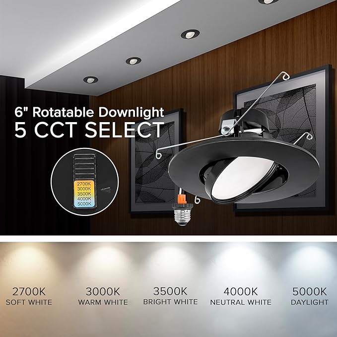 Maxxima 5 in. and 6 in. Rotatable LED Retrofit Downlight Gimbal, 1000 Lumens, 11 Watts, 5 CCT 2700K/3000K/3500K/4000K/5000K, Dimmable, Plastic Black Trim