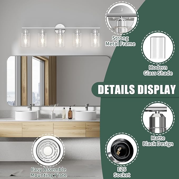 Espird Bathroom Vanity Light Fixtures Polished Chrome Bathroom Lighting Fixture, 5 Lights Bathroom Light Fixture Over Mirror, Modern Black Vanity Light, Wall Sconces with Glass Shades