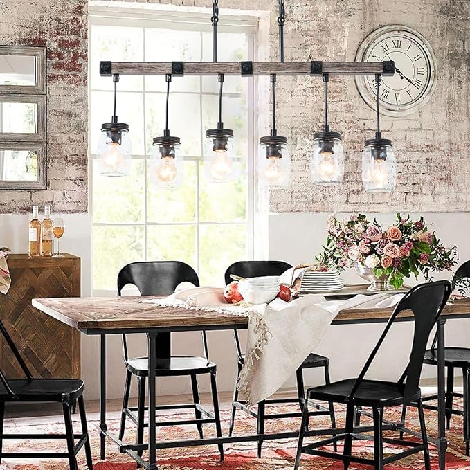 Farmhouse Kitchen Island Lighting, Mason Jar Chandelier, 6-Light Linear Rustic Chandelier, 30" Black Retro Imitative Wood Finish Pendant Light with Clear Glass Globes,Dining Room Bar Pool Table