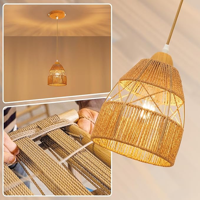 Boho Rattan Pendant Light Kitchen Island,Farmhouse Chandeliers Adjustable Height Hanging lamp for Dining Room,Kitchen Ceiling Lights Fixtures with Hand Woven Wicker Lampshade Lighting