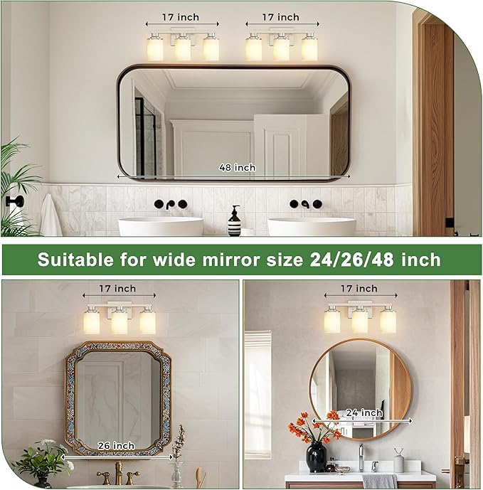 DORESshop 17 Inch Bathroom Light Fixtures, 3-Light Nickel Bathroom Lighting Fixtures Over Mirror with Milk Glass Shade, Vanity Lights for Living Room Bedroom