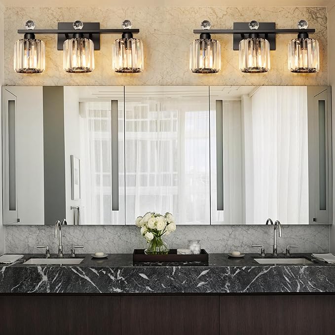 3-Light Black Modern K9 Crystal Vanity Lights, Black Bathroom Light Fixtures Stainless Steel Crystal Vanity Light Fixture
