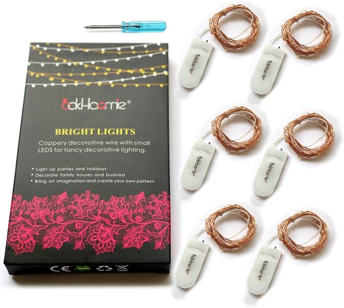 6-Pack 7Ft Starry String Light No Remote Fairy String Lights 20 Micro Starry LEDs On Copper Wire CR2032 Batteries Included,DIY Wedding Centerpiece,Party,Christmas Table Decor (Amber)