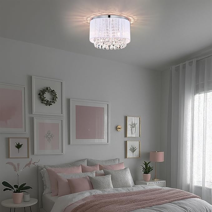 Large White Crystal Chandelier Flush Mount, 4-Light Handmade Cotton Shade Ceiling Light with Premium Crystal Droplets, Chrome Canopy Bedroom Chandelier for Girls Room, Nursery, Closet, Stairwell
