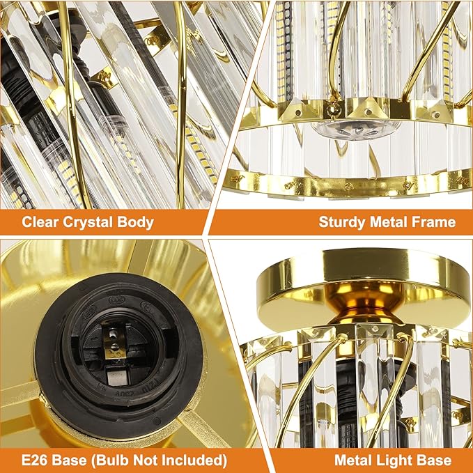 Gold Crystal Ceiling Light Fixture - Small Crystal Chandelier Semi Flush Mount Ceiling Light Modern Hallway Lights fixtures for Entryway Bedroom Porch Kitchen (11 Inch, Bulb not Included)