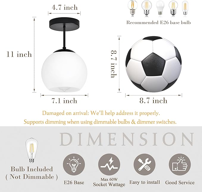 Black Semi Flush Mount Ceiling Light Fixture Milk Glass Light Fixture Mid Century Flush Mount Ceiling Light Black Flush Mount Ceiling Light Schoolhouse Light Fixture for Dining Room(Bulb Incl.)