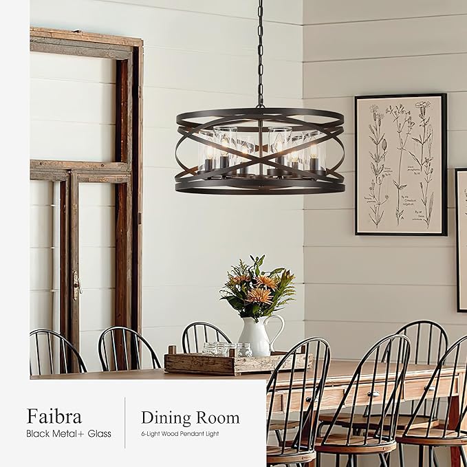 6-Light Farmhouse Drum Pendant Light,21.65'' Nature Wood Texture Vintage Rustic Chandeliers Black Metal Industrial Glass Shade Hanging Light Fixtures for Entryway, Bedroom Dining Room