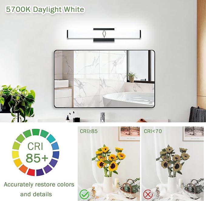 24 Inch Bathroom Vanity Light 2500LM, 5700K Daylight White Modern Bathroom Light Dimmable, AC 120V 25W Matte Black LED Vanity Lighting Fixtures Wall Sconce ETL Certified, 1Pack