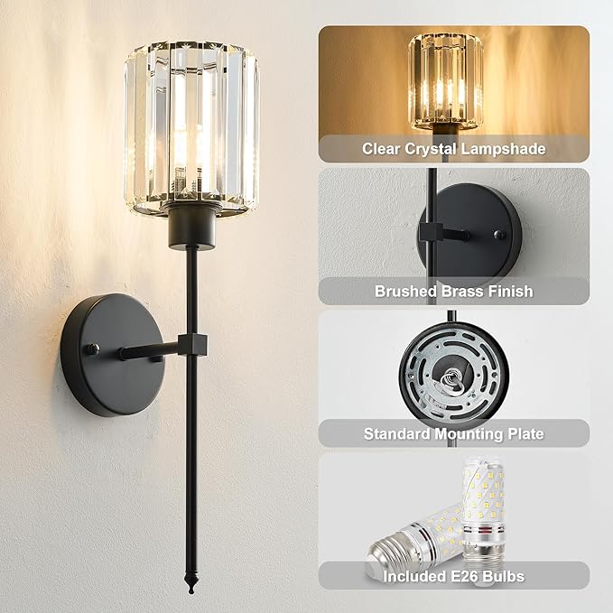 KARTOOSH Hardwired Crystal Wall Sconces Set of Two - Dimmable Wall Light Fixtures 3000K, Warm White, for Hallway, Bathroom, Living Room, Bedroom, Black, 20.1 Inch