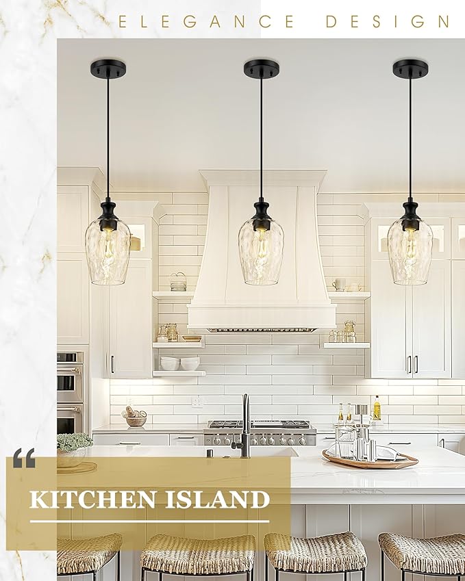 2-Pack Pendant Lights Kitchen Island, Black Hanging Lights Fixtures with Hand-Blown Hammered Clear Glass, Farmhouse Kitchen Island Lighting Over Sink, AD-24027-1P2-BK