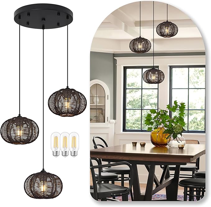 12" Boho Black 3-Light Boho Chandeliers for Kitchen Island Hand-Woven Boho Rattan Chandeliers Dimmable Adjustable Hanging Wicker Chandelier for Dining Room Living Room（Bulb Incl.）