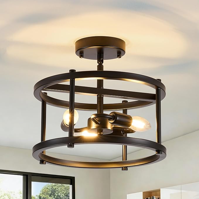Black Semi Flush Mount Ceiling Light, 3-Light Farmhouse Ceiling Light Fixture for Entryway, Hallway & Foyer, Rustic Black Metal Close to Ceiling Lamp, E12 Base, 12.2 Inch