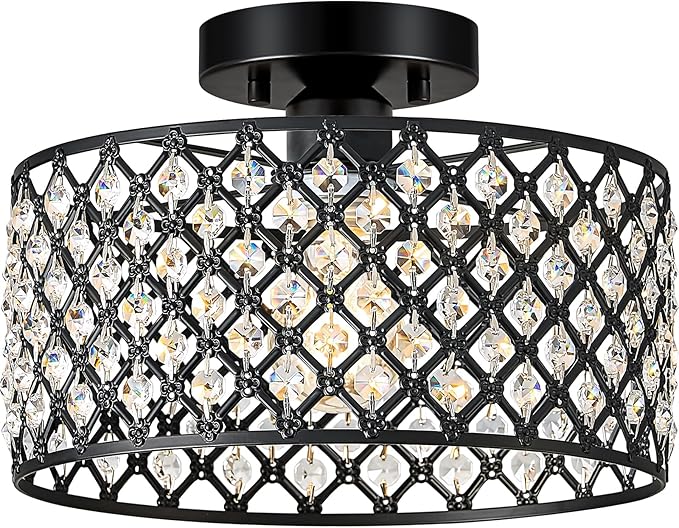 Black Crystal Ceiling Light Fixture,Modern Semi Flush Mount Ceiling Lighting Fixture,Round Small Chandelier for Dining Room, Hallway, Entryway, Kitchen, Bedroom,Foyer,1 Light,11.2 inch