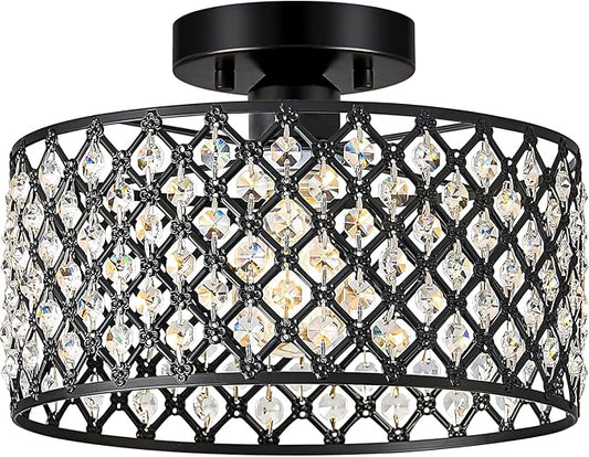 Black Crystal Ceiling Light Fixture,Modern Semi Flush Mount Ceiling Lighting Fixture,Round Small Chandelier for Dining Room, Hallway, Entryway, Kitchen, Bedroom,Foyer,1 Light,11.2 inch