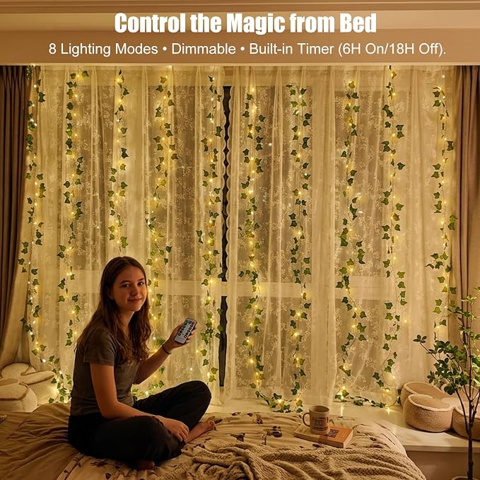 Bexdir 200 LED Curtain Vine Lights for Bedroom Decoration, 6.6x6.6ft Pre-Assembled Hanging Fake Vines with Fairy Lights USB Powered, Aesthetic Artificial Ivy Lights for Room Wall Decor