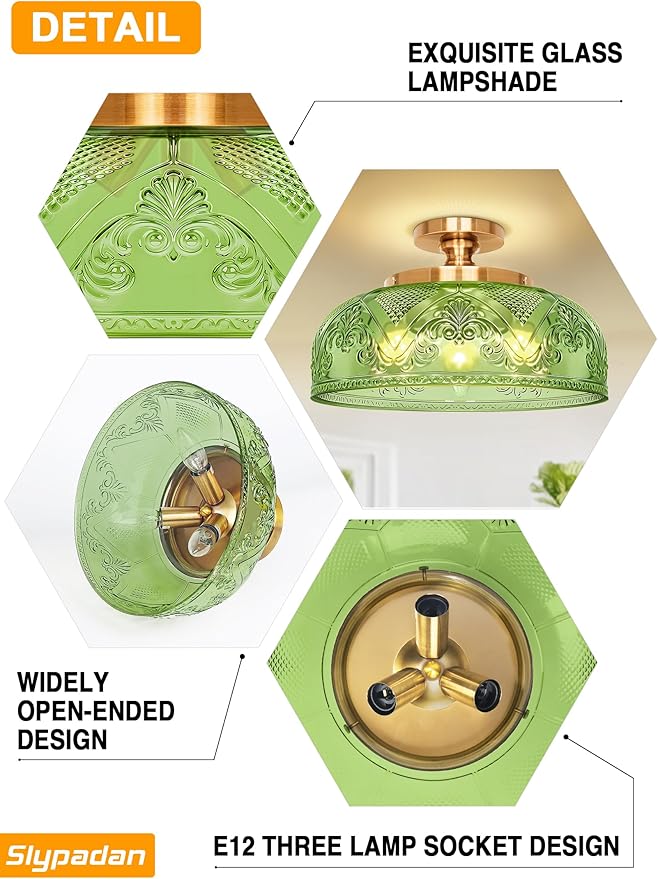 Green Semi Flush Mount Ceiling Light, 12 Inch Large Ceiling Light Fixture Gold, 3-Light Globe Glass Farmhouse Kitchen Lighting Fixtures for Bathroom, Hallway, Dining Room (Bulb Not Included)