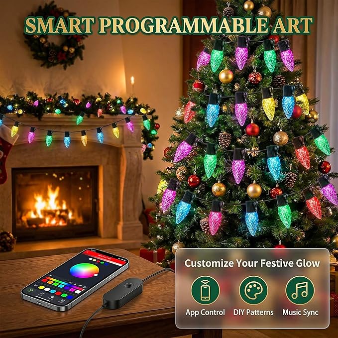 HOLILLUMA Smart C9 Christmas Lights Outdoor, 118FT 150LED RGB Color Changing String Lights, App&Remote Control, Music Sync, Connectable LED Christmas Tree Lights for Outdoor House Holiday Decoration