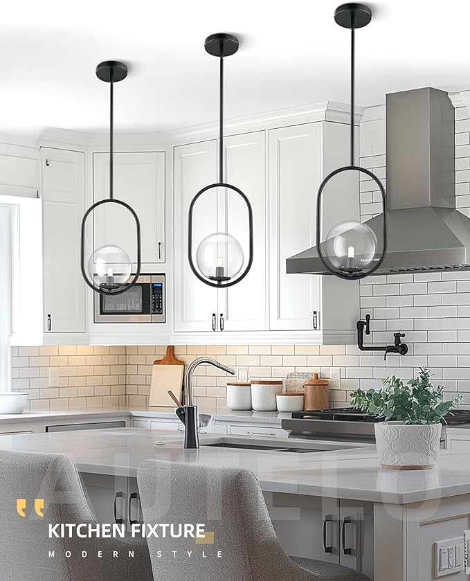 AUTELO 1-Light Matte Black Pendant Lights Kitchen Island, Kitchen Pendant Lighting Over Island with Clear Globe Glass, Black Hanging Lamp with Adjustable Rod for Kitchen Island H9376 CLBK