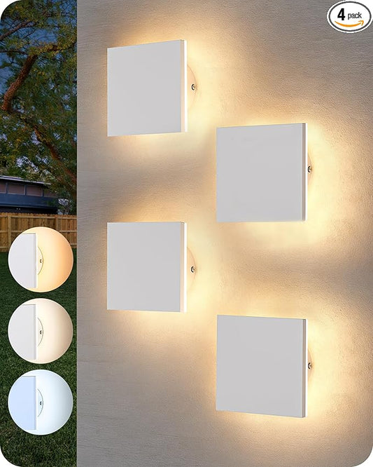 EDISHINE 4 Pack Small LED Outdoor Wall Lights Exterior/Interior, 3000K-5000K Dimmable Wall Sconce, Square Modern Exterior Lighting Fixtures, IP65 Waterproof Aluminum Outside Porch Light, White