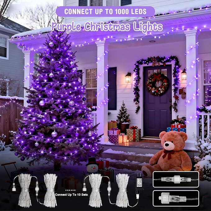 JMEXSUSS 2 Pack 100 LED Purple Christmas Lights Indoor, 33ft Clear Wire Purple String Lights Outdoor Waterproof, 8 Modes Connectable Christmas Tree Lights for Xmas Tree Yard Bedroom Porch Decorations