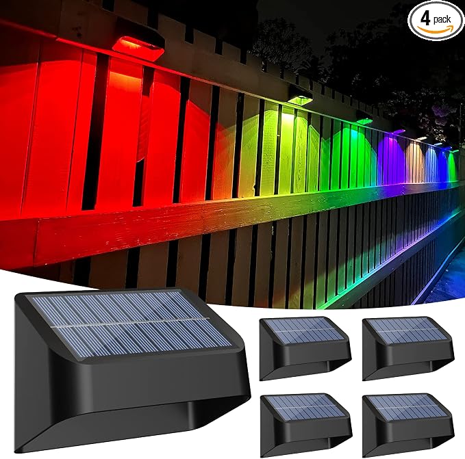 Brighter Solar Fence Lights RGB 8 Colors, Dusk to Dawn Deck Light, Fence Solar Lights Outdoor IP65 Waterproof, Solar Outdoor Lights for Backyard/Railing/Wall/Step/Patio(4 Pack)