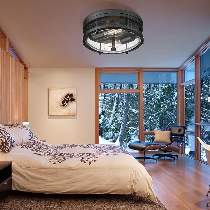 Flush Mount Ceiling Light Fixture, Modern Farmhouse Semi Ceiling Light with Seeded Glass for Bedroom, Entryway, Kitchen Hallway, ROS90 BK