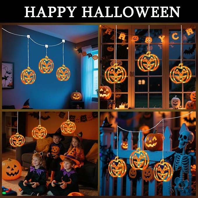 Halloween Window Lights,3 Pack 48LED Pumpkin String Light with Battery Operated,Timer Memory Hanging Orange Halloween Light for Spooky Decor Outdoor Indoor Curtain Home Party Gift
