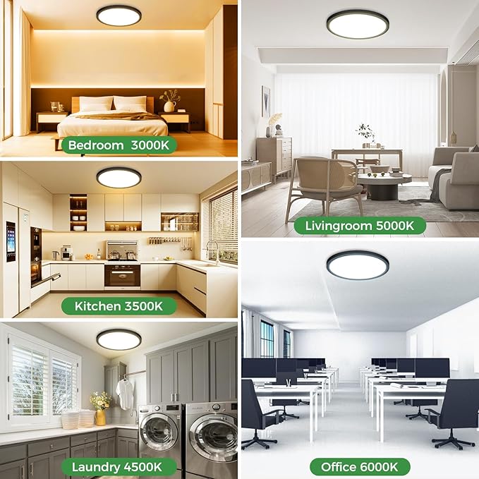 zemty 6Pack 13 inch Black LED Flush Mount Ceiling Lights, Dimmable 5 Color Temp (3000K-6500K), 24W 2400LM Bright Round Light Fixture for Kitchen Bathroom Bedroom Office