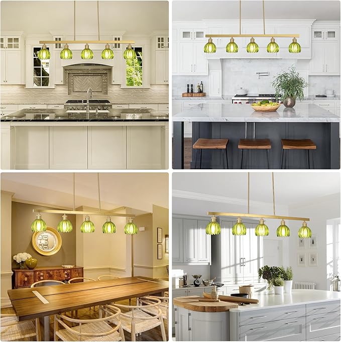 5-Lights Modern Chandeliers for Dining Room, Gold Pendant Light Fixtures with Green Flower Shade, Entryway Chandelier Pendant Lighting for kitchen island, Linear Hanging Dining Room Light Fixture