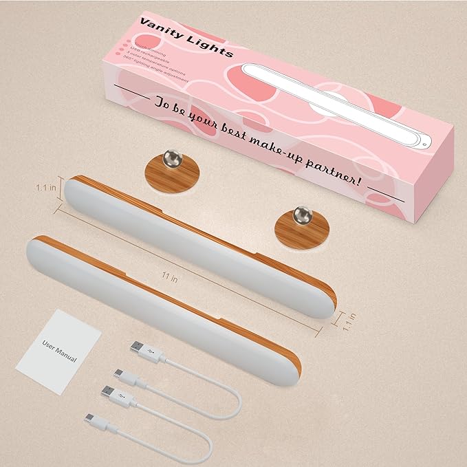 Benreom 2 Pack Vanity Lights for Mirror with 4000mAh Rechargeable Battery, Touch Control Dimmable Makeup Light with 3 Color Modes, Magnetic 360° Adjustable LED Bathroom Mirror Light, Light Wood