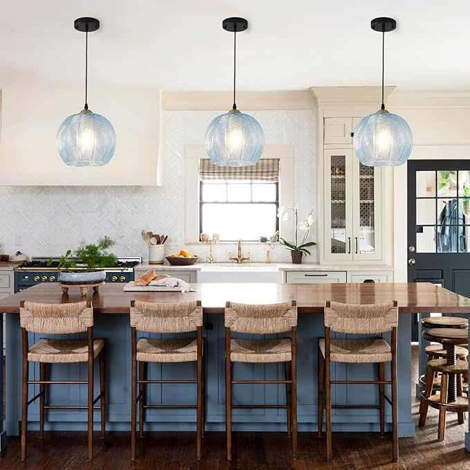 Blue Glass Pendant Light, Single Large 9.8-Inch Globe Shade Hanging Chandelier, Hand Blown Glass Ball Pendant Light Fixtures for Kitchen Island, Staircase, Dining Room, Living Room, Bedroom