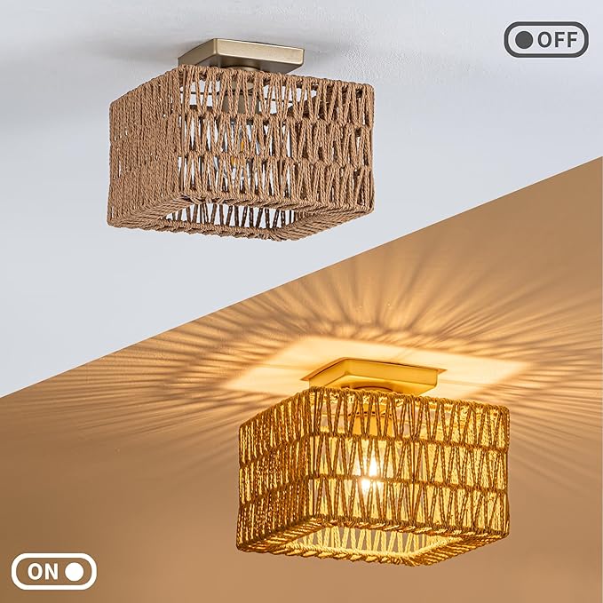 Rattan Ceiling Light, Gold Boho Light Fixture, Square Flush Mount Ceiling Light for Bedroom, Hallway, Entryway, Kitchen, Cabinet