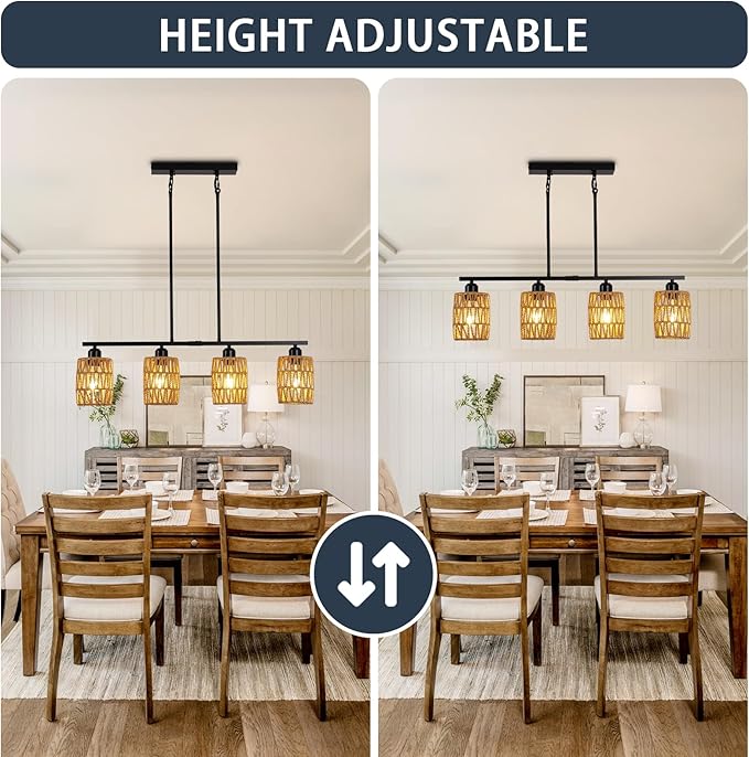 Rattan Kitchen Island Lighting,Boho Coastal Chandelier,4-Light Rustic Pendant Light for Dining Room,Height Adjustable,Black Farmhouse Woven Hanging Lights Fixture Over Table.