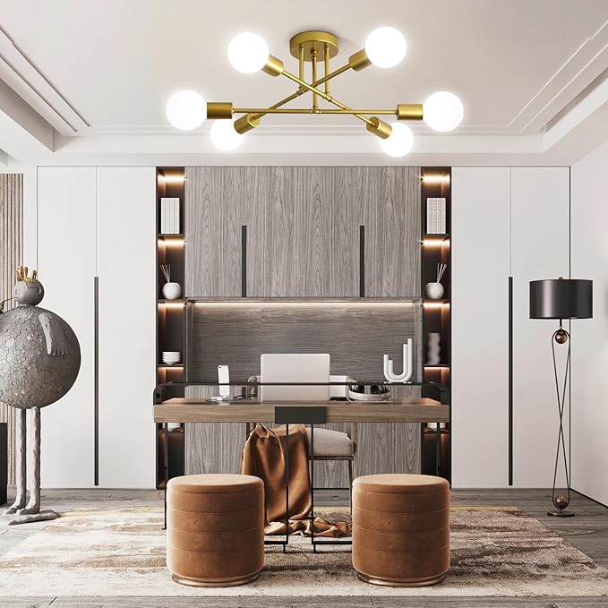 Ceiling Light Fixture, 6-Light Ceiling Light Chandelier, Modern Dinning Room Light Fixture, Sputnik Gold Light Fixtures Ceiling Mount, Semi Flush Mount Ceiling Light Fixtures for Living Room