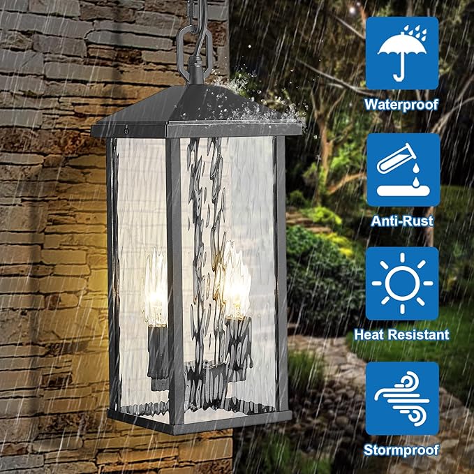 Outdoor Pendant Lights for Porch Chandelier Outdoor Pendant Lights Dusk to Dawn, 2-Light Modern Hanging Porch Lights Exterior Hanging Light Fixture with Water Ripple Glass for Patio Gazebo