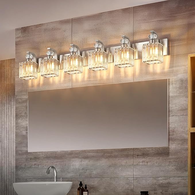 Modern Bathroom Vanity Light, 6-Light Nickel Bathroom Lighting Fixtures Over Mirror, 44.1" Crystal Wall Light Sconce for Bathroom/Bedroom/Vanity, Includes LED Bulbs, Easy Installation