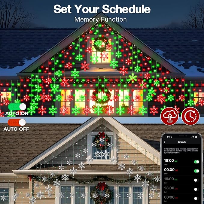 16FT Smart Icicle Lights with Snowflake for Outside, App Control DIY Color Changing 16 Drops 208LEDs Outdoor Christmas Lights Plug In Window Curtain Light for Room, Roofline, Eaves, Patio