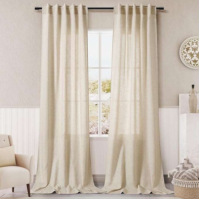Tan Beige Linen Curtains 90 inch Length for Living Room 2 Panel Set Burlap Textured Semi Sheer Linen Drapes Rustic Country Window Treatment Farmhouse Drop Cloth Curtain 90 inches Long for Dinning Room