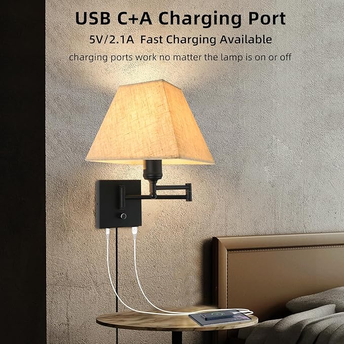 13" Modern Swing Arm Wall Lamp Plug in Wall Sconce with USB and Type-C Port Wall Mounted Lamp with Dimmable Switch Black Wall Sconce Beige Fabric Shade Suitable for Hallway Bedroom Living Room